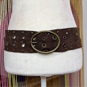 Vintage 90s Jigsaw Chocolate Brown Suede Grommet Low Waist Wide Belt